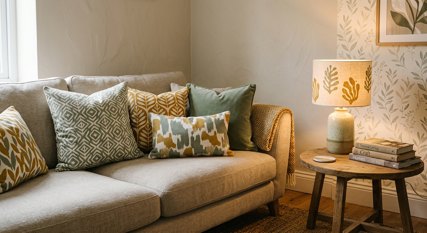 Custom patterned cushions beside a lamp with a handmade fabric lampshade