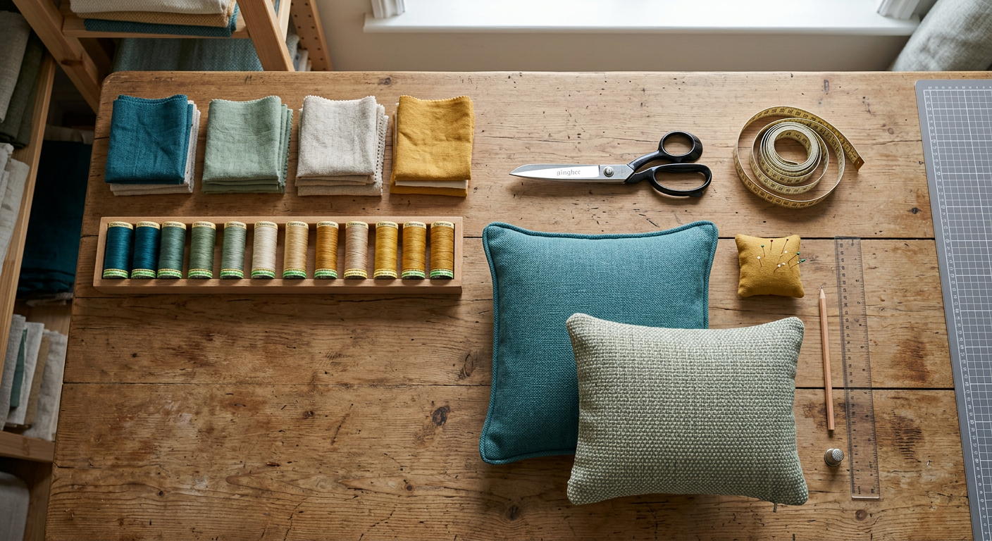 Fabric swatches, thread and sample cushions arranged on a studio worktable