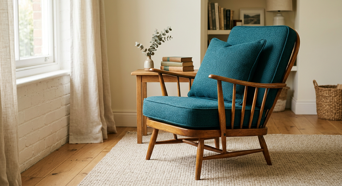 Armchair reupholstered in deep teal textured fabric with a matching cushion